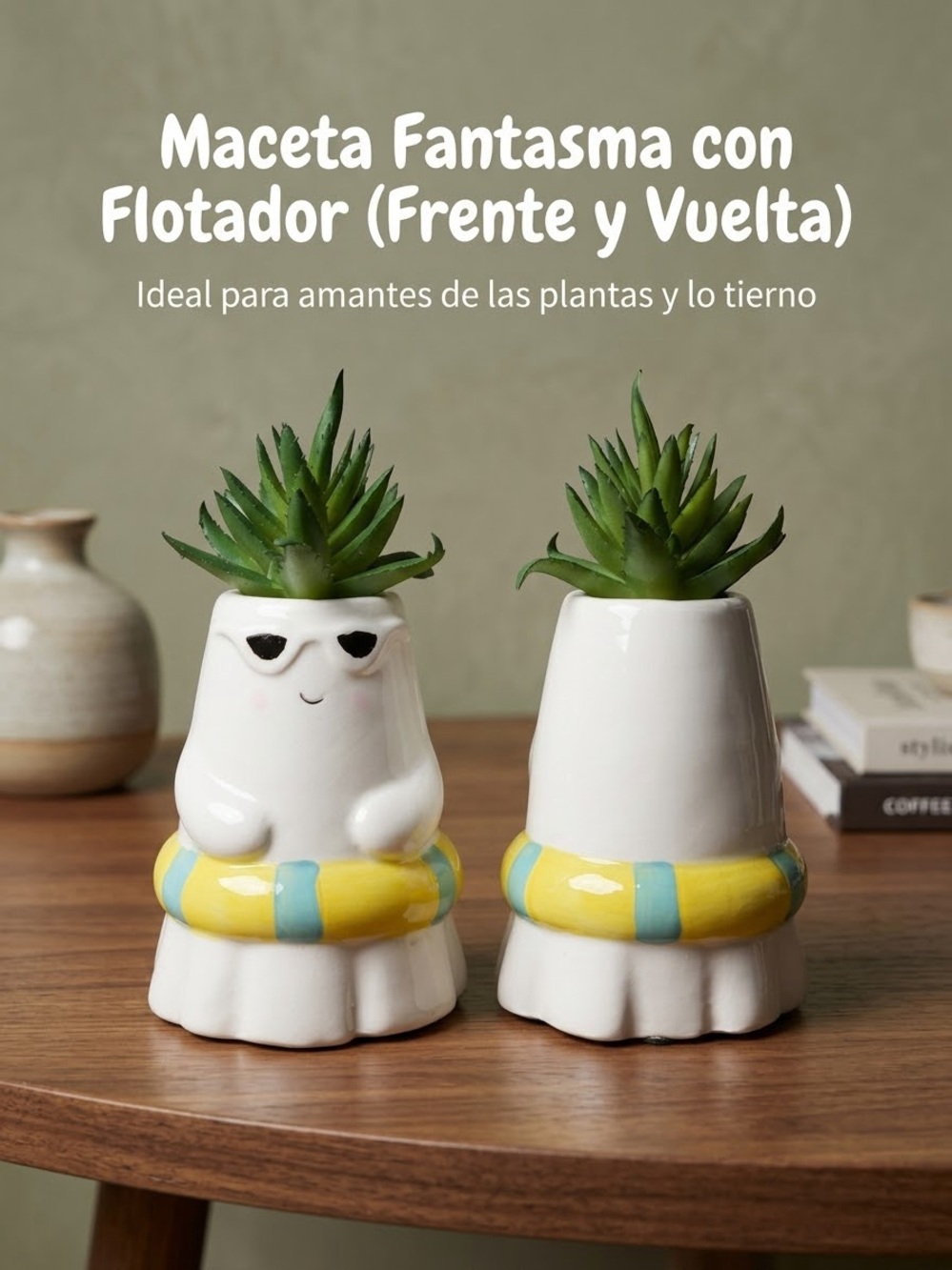White Ghost Ceramic Planter with Yellow & Blue Float Ring